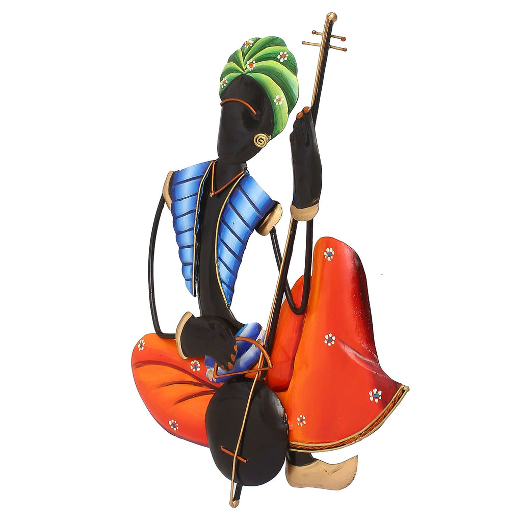 Musician Tribal Man Playing Veena Wall Hanging (Orange, Blue, Black and Green) Kafalo