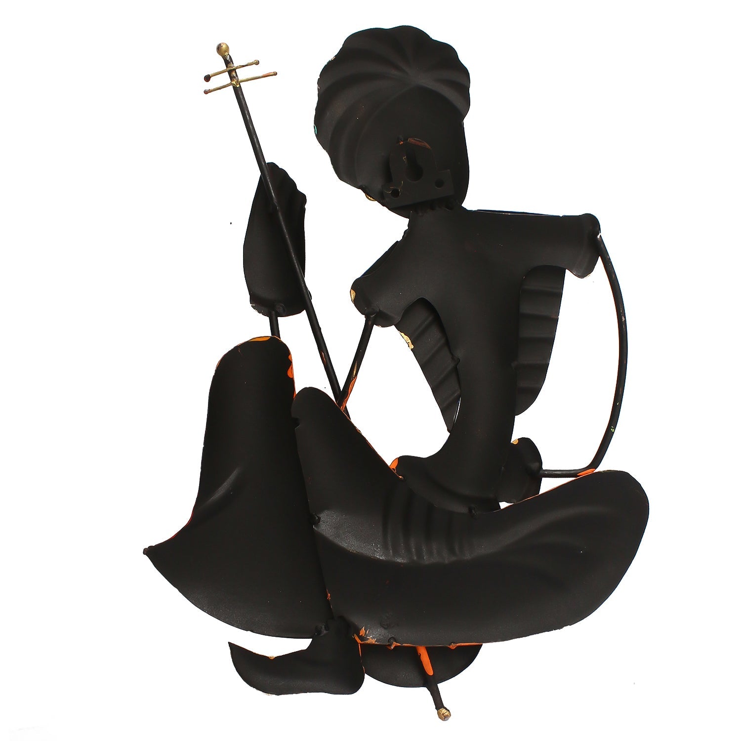 Musician Tribal Man Playing Veena Wall Hanging (Orange, Blue, Black and Green) Kafalo