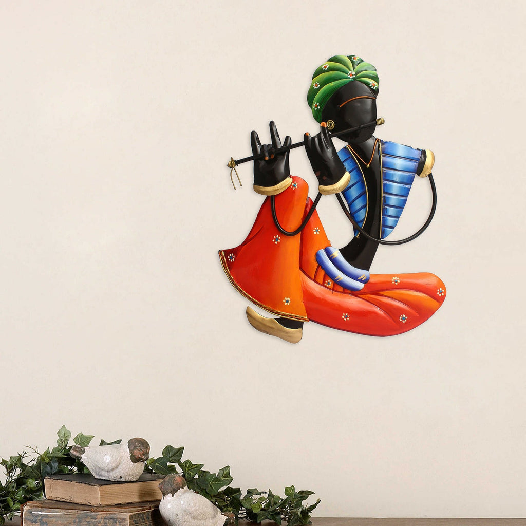 Musician Tribal Man Playing Flute Iron Wall Hanging/Art (Orange, Blue, Black, Green) Kafalo