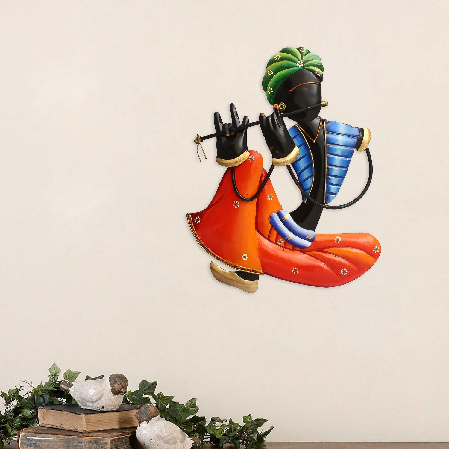 Musician Tribal Man Playing Flute Iron Wall Hanging/Art (Orange, Blue, Black, Green) Kafalo