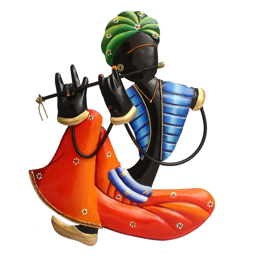 Musician Tribal Man Playing Flute Iron Wall Hanging/Art (Orange, Blue, Black, Green) Kafalo
