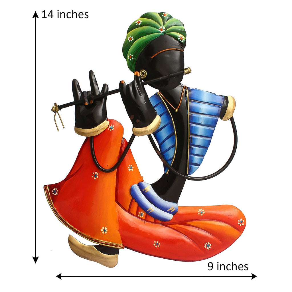 Musician Tribal Man Playing Flute Iron Wall Hanging/Art (Orange, Blue, Black, Green) Kafalo