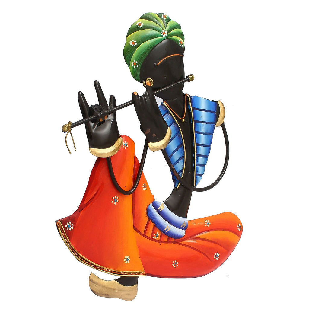 Musician Tribal Man Playing Flute Iron Wall Hanging/Art (Orange, Blue, Black, Green) Kafalo