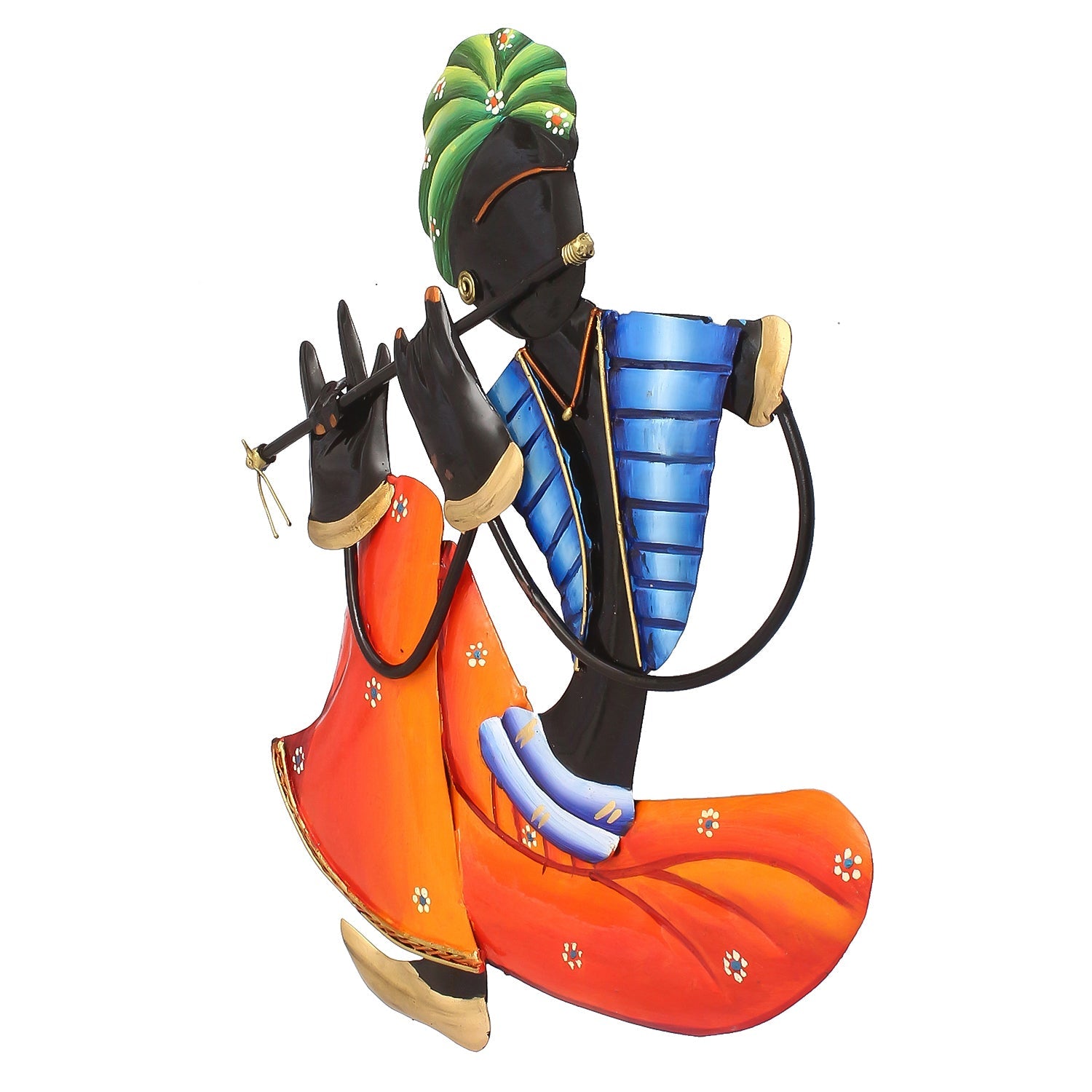 Musician Tribal Man Playing Flute Iron Wall Hanging/Art (Orange, Blue, Black, Green) Kafalo