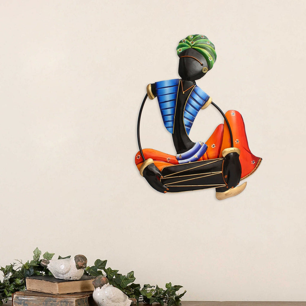Musician Tribal Man Playing Dholak Iron Wall Hanging (Orange, Blue, Black, Green) Kafalo