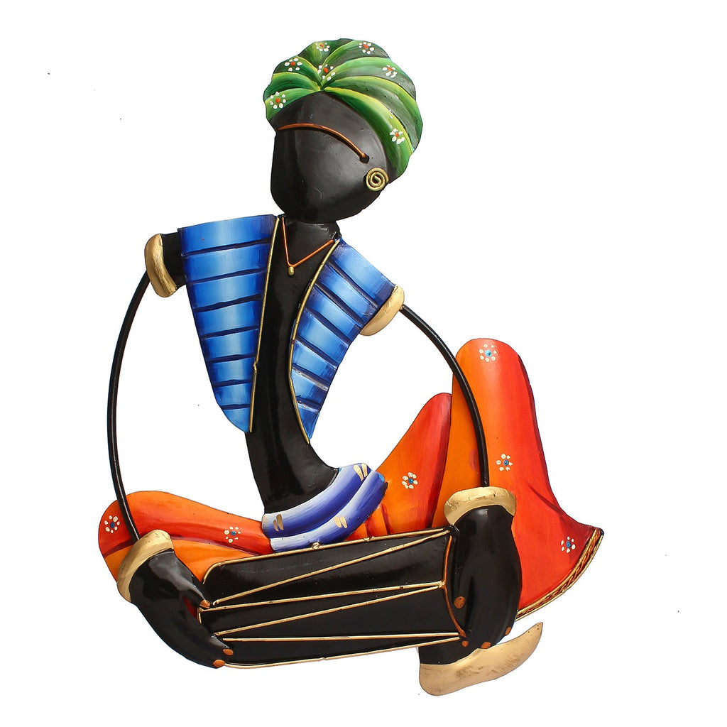 Musician Tribal Man Playing Dholak Iron Wall Hanging (Orange, Blue, Black, Green) Kafalo