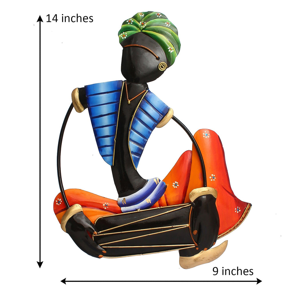 Musician Tribal Man Playing Dholak Iron Wall Hanging (Orange, Blue, Black, Green) Kafalo