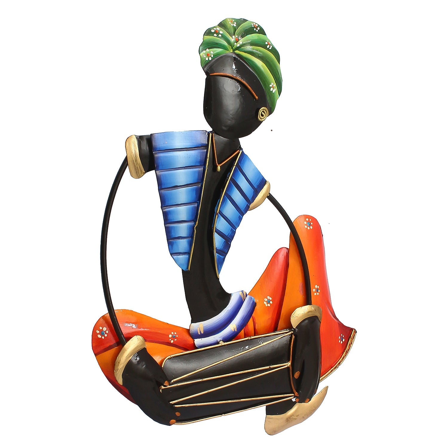 Musician Tribal Man Playing Dholak Iron Wall Hanging (Orange, Blue, Black, Green) Kafalo