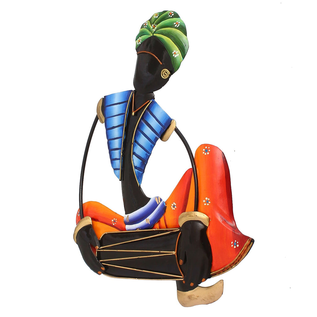 Musician Tribal Man Playing Dholak Iron Wall Hanging (Orange, Blue, Black, Green) Kafalo