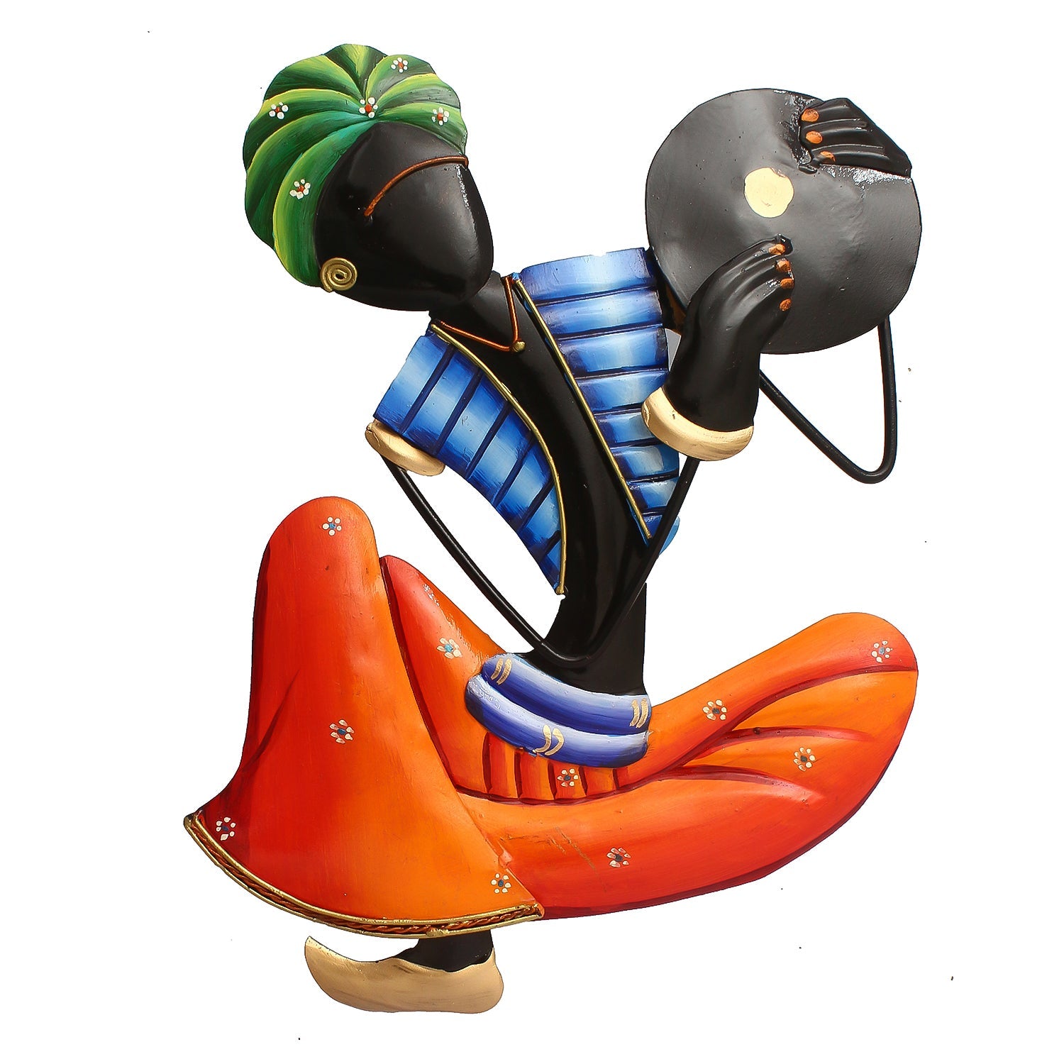 Musician Tribal Man Playing Tambourine/dafli Iron Wall Hanging/Art (Orange, Blue, Black, Green) Kafalo