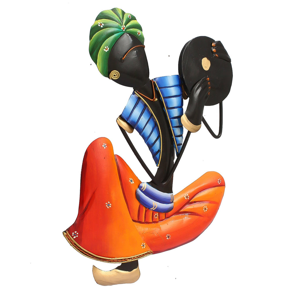 Musician Tribal Man Playing Tambourine/dafli Iron Wall Hanging/Art (Orange, Blue, Black, Green) Kafalo