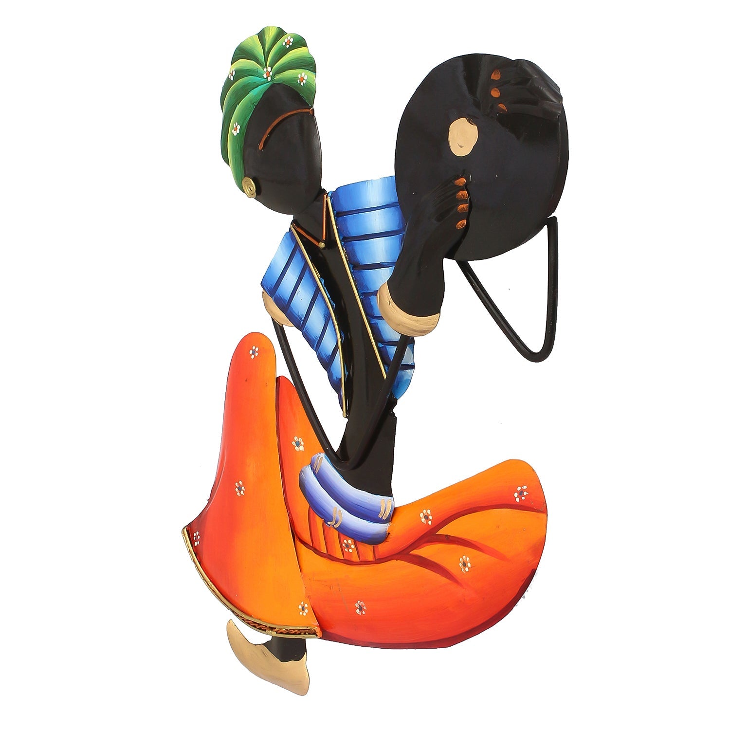 Musician Tribal Man Playing Tambourine/dafli Iron Wall Hanging/Art (Orange, Blue, Black, Green) Kafalo