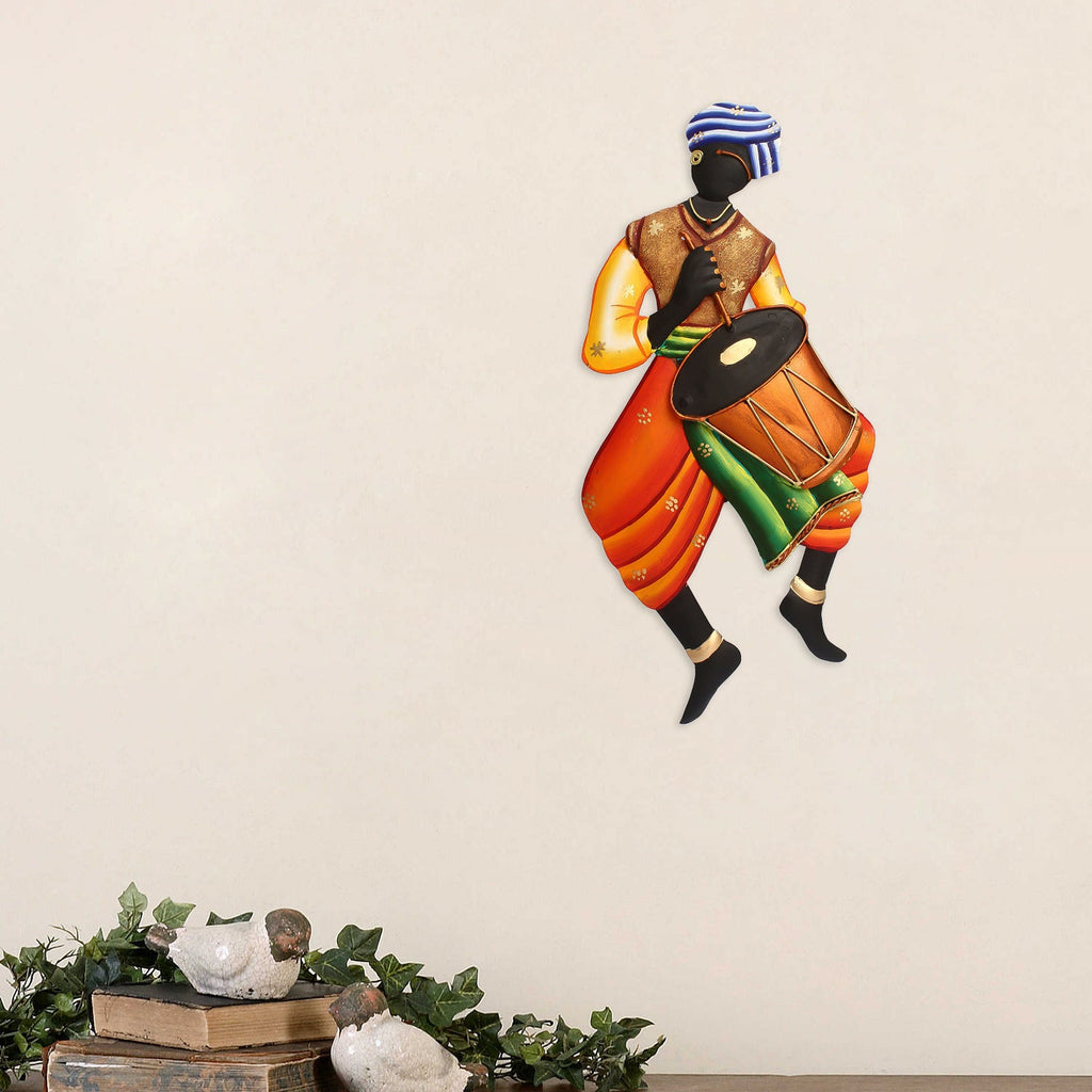 Musician Tribal Man Playing Dholak Iron Wall Hanging Kafalo