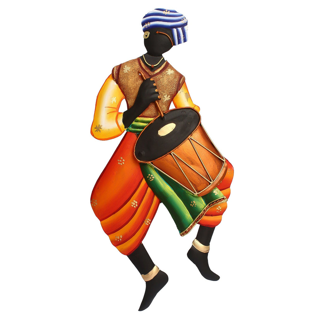 Musician Tribal Man Playing Dholak Iron Wall Hanging Kafalo