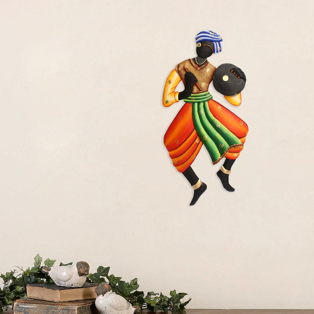 Tribal Man playing Tambourine/Dafli musical instrument Handcrafted Iron Wall Hanging Kafalo