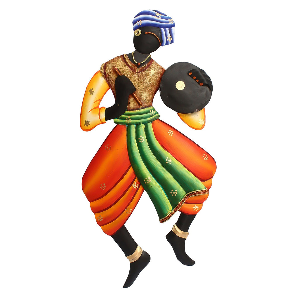 Tribal Man playing Tambourine/Dafli musical instrument Handcrafted Iron Wall Hanging Kafalo