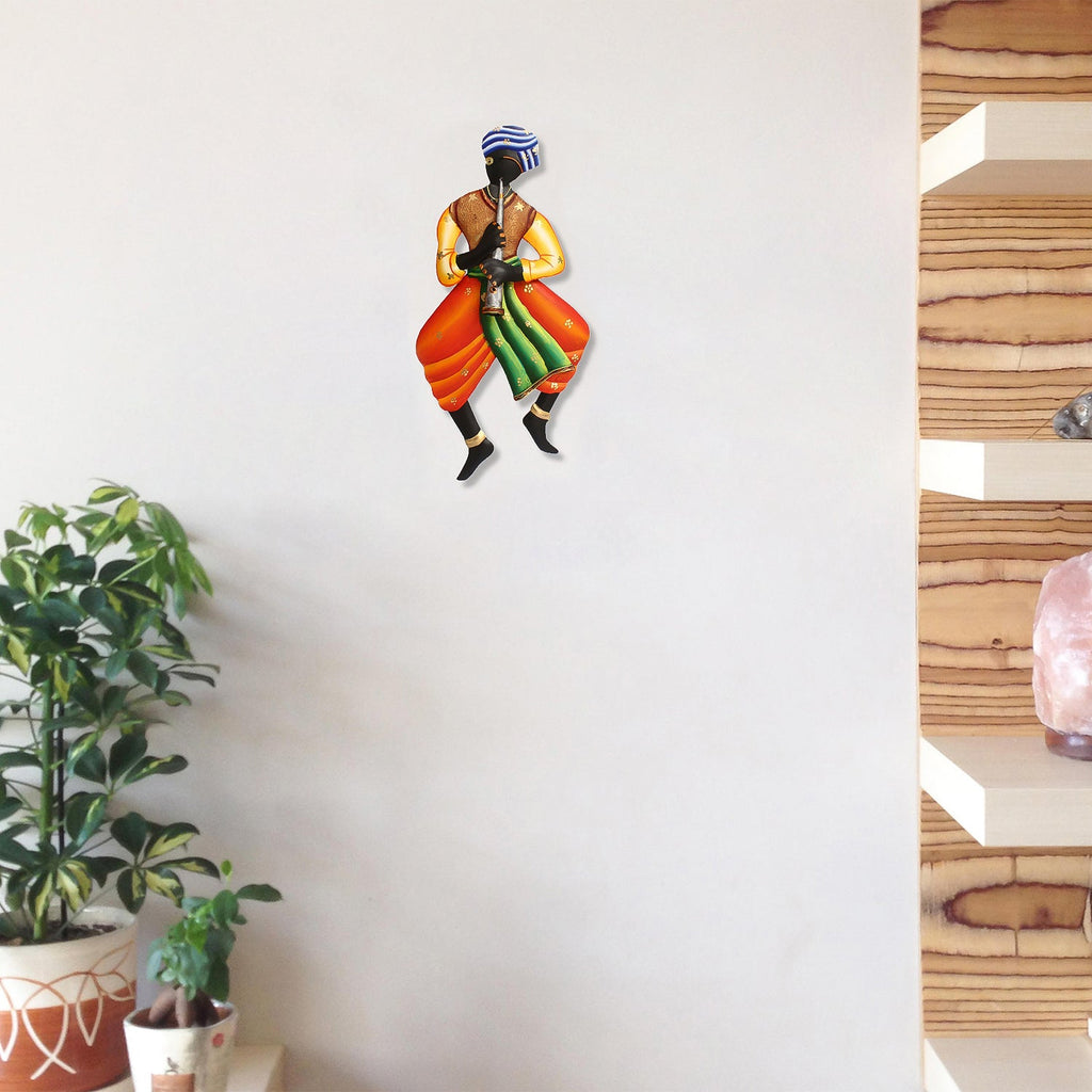 Musician Tribal Man Playing Trumpet Musical Instument Iron Wall Hanging Kafalo