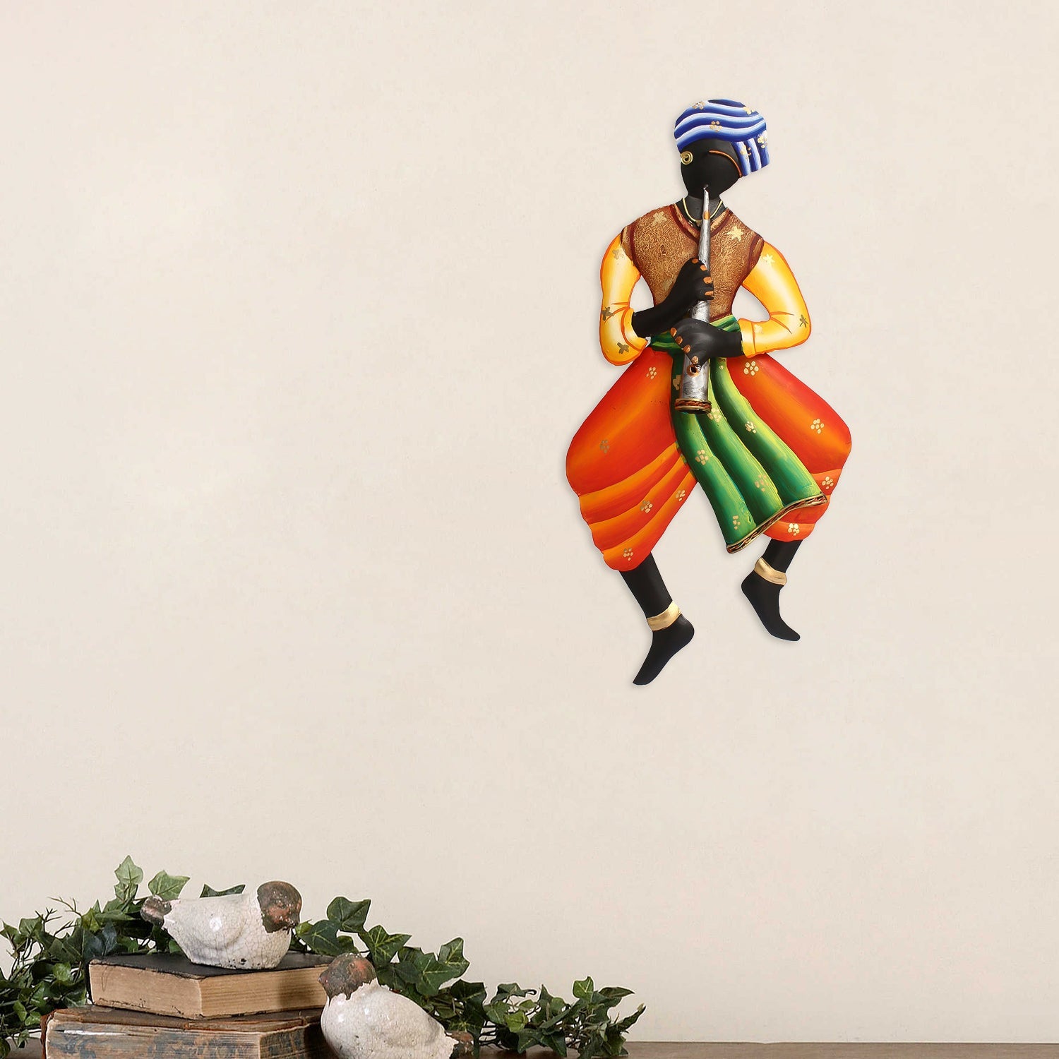 Musician Tribal Man Playing Trumpet Musical Instument Iron Wall Hanging Kafalo