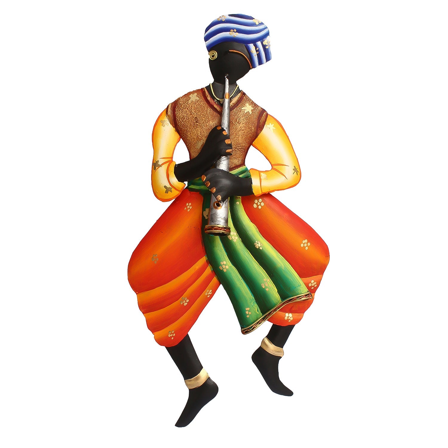 Musician Tribal Man Playing Trumpet Musical Instument Iron Wall Hanging Kafalo