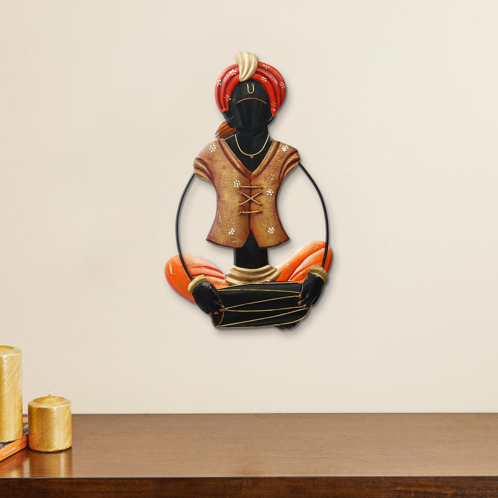 Musician Tribal Man playing Dholak Handcrafted Iron Wall Hanging Kafalo