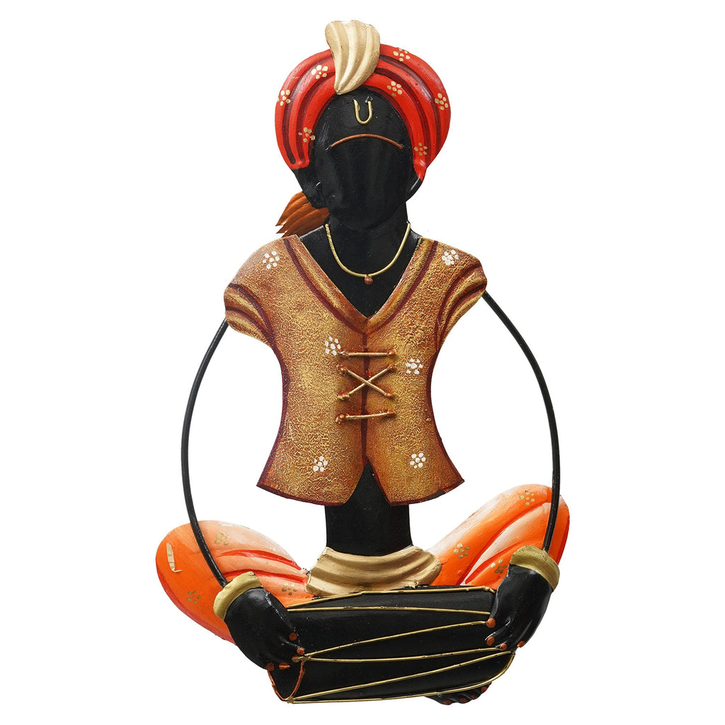 Musician Tribal Man playing Dholak Handcrafted Iron Wall Hanging Kafalo