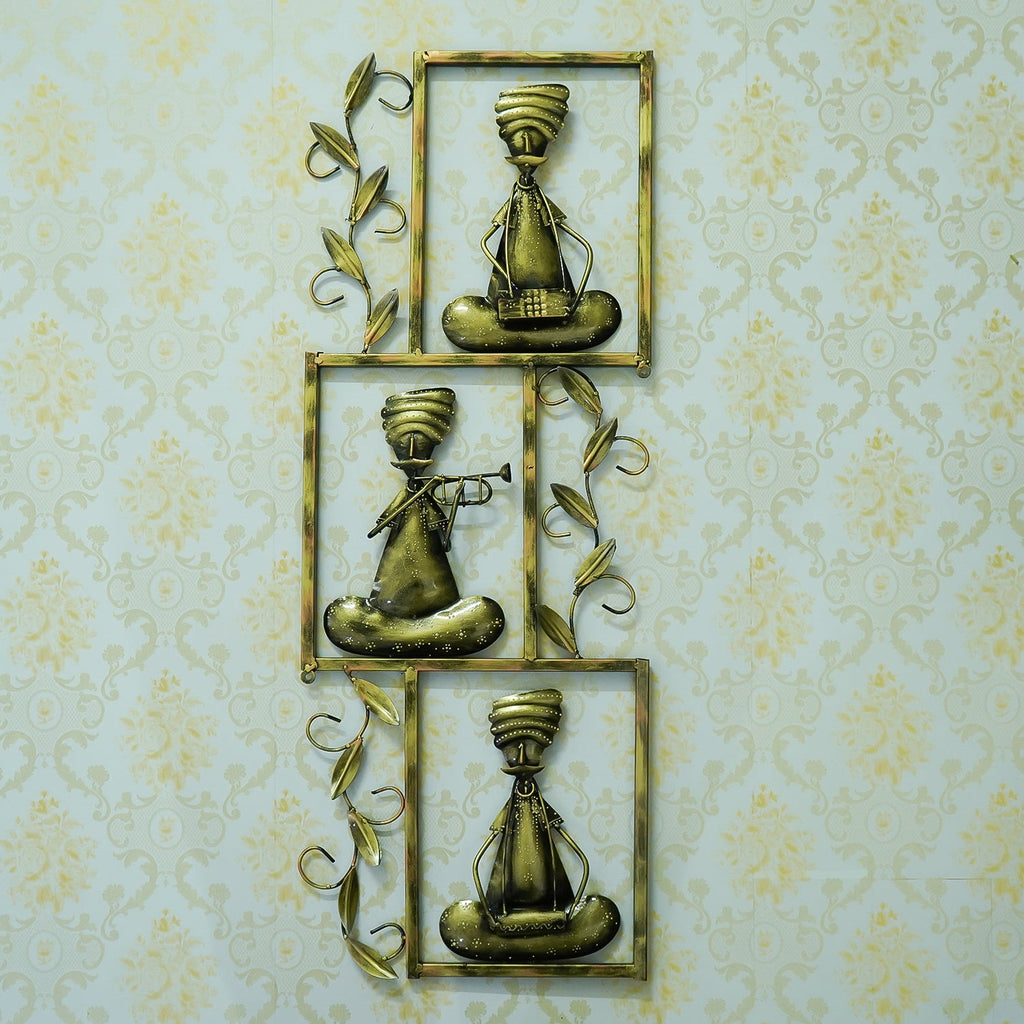 Brown Set of 3 Tribal Musicians Playing Different Musical Instruments Iron Wall Hanging Kafalo