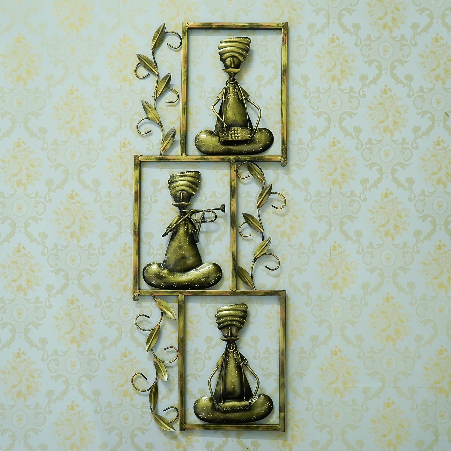 Brown Set of 3 Tribal Musicians Playing Different Musical Instruments Iron Wall Hanging Kafalo