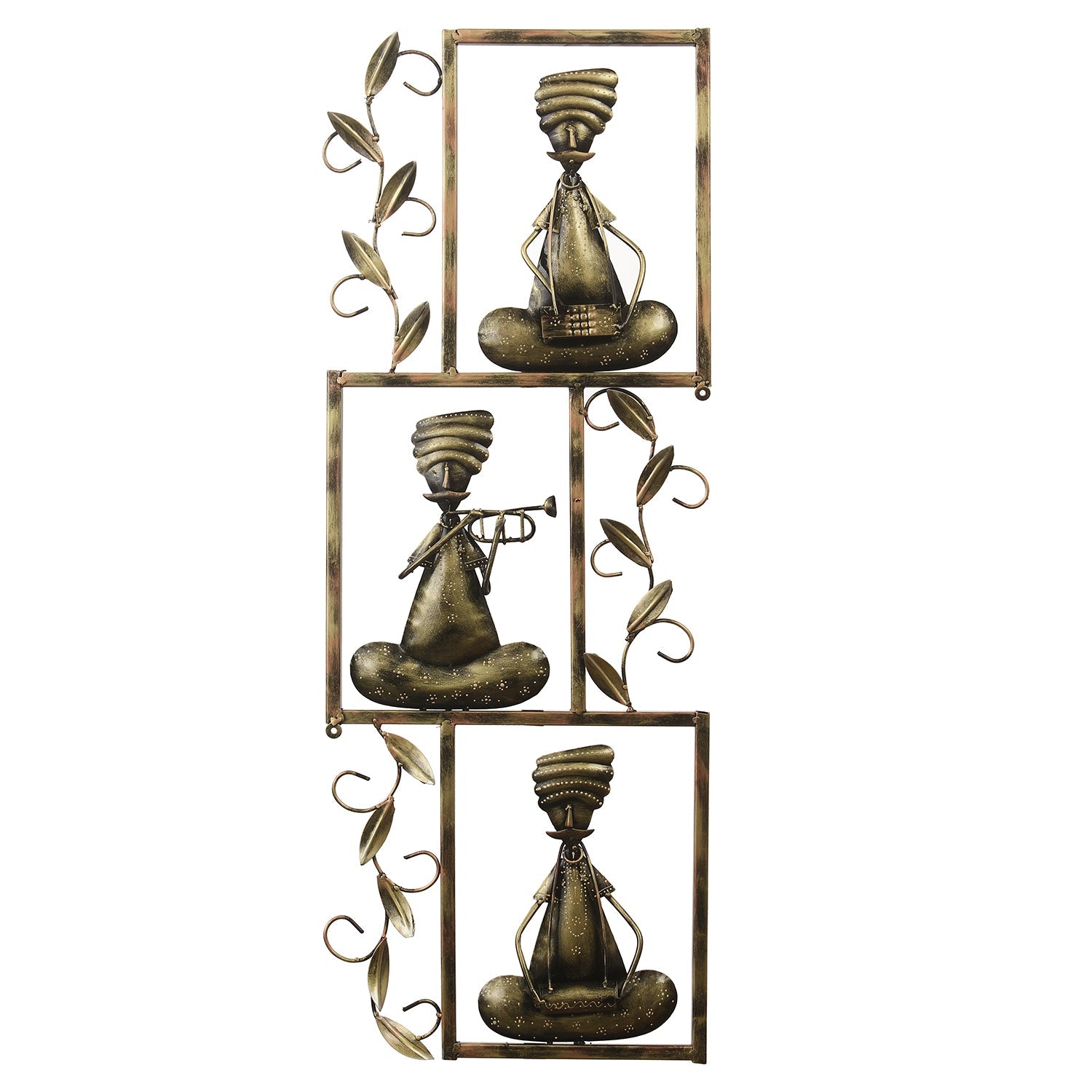 Brown Set of 3 Tribal Musicians Playing Different Musical Instruments Iron Wall Hanging Kafalo