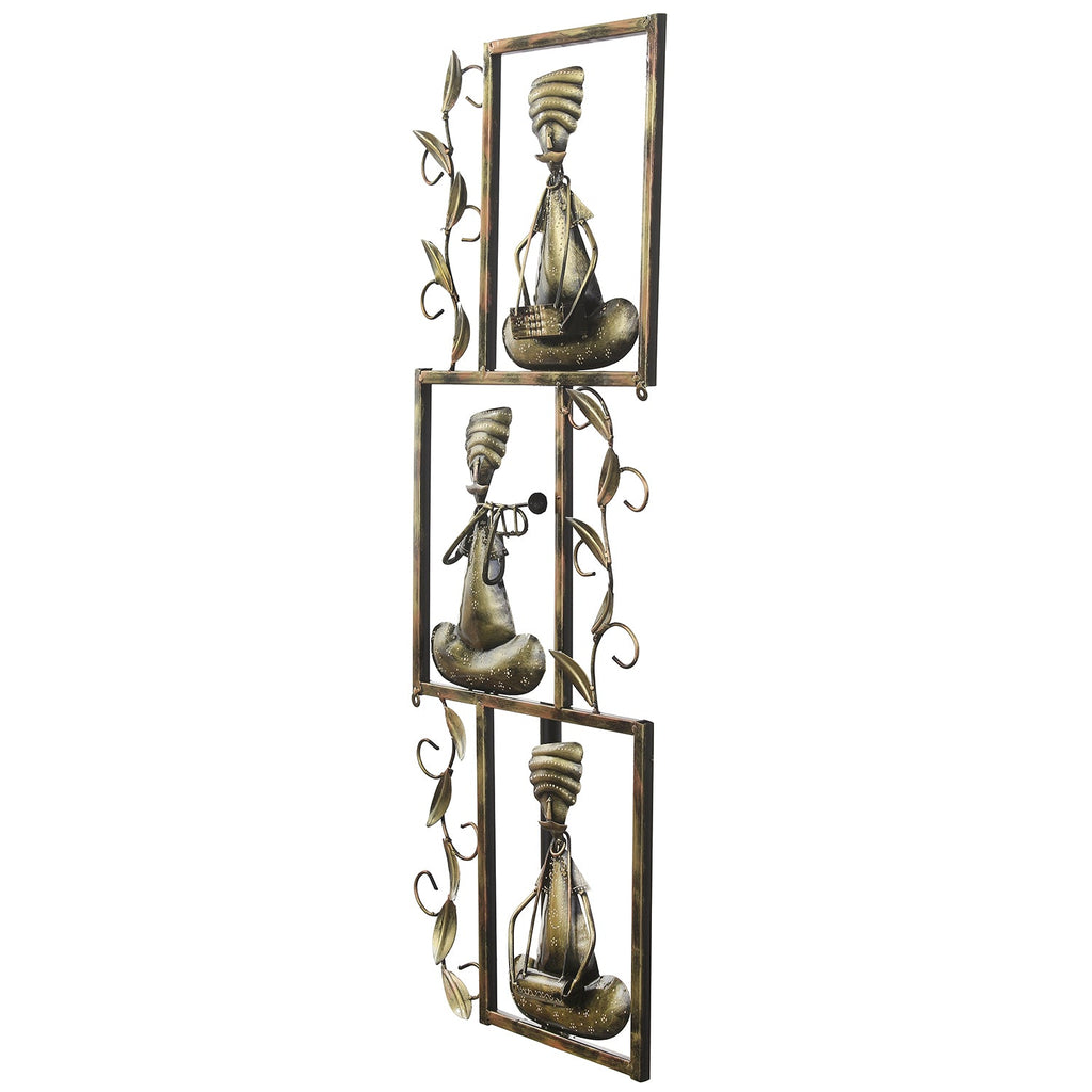 Brown Set of 3 Tribal Musicians Playing Different Musical Instruments Iron Wall Hanging Kafalo