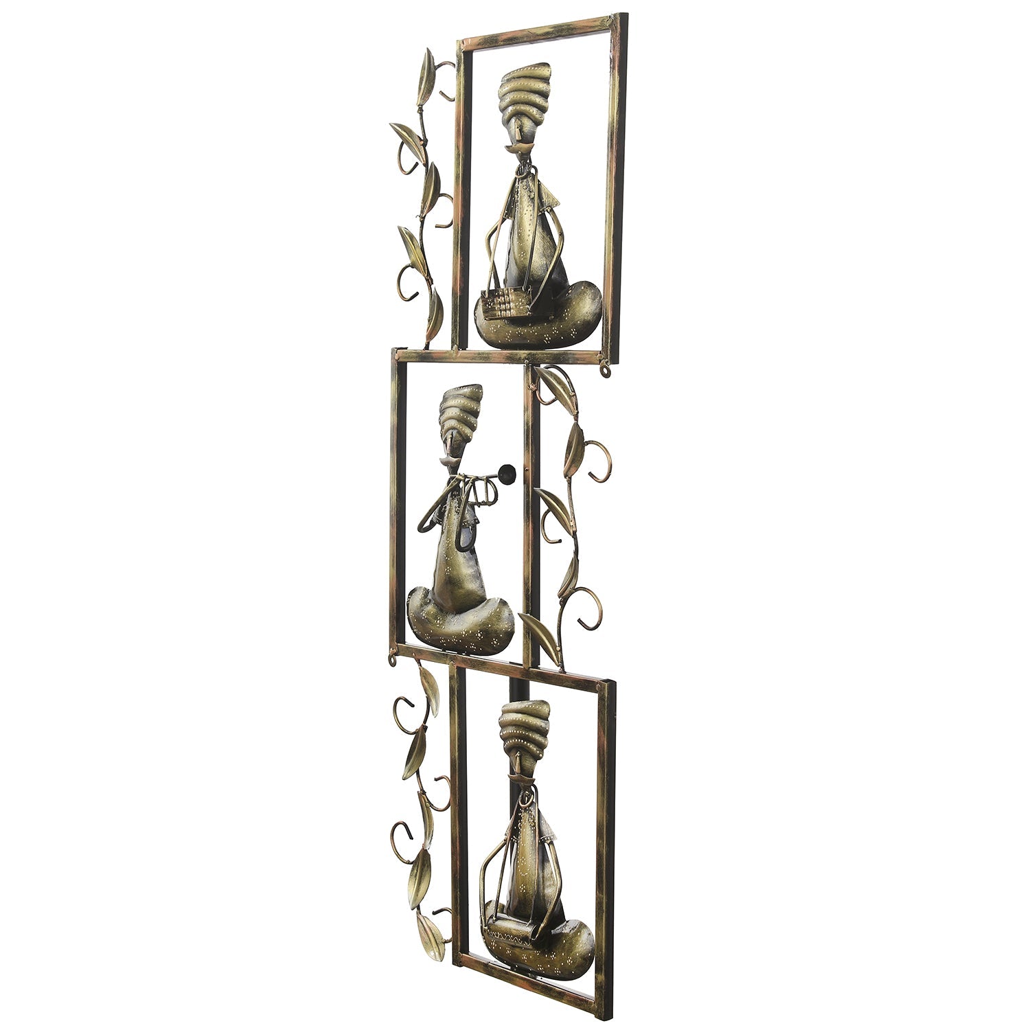 Brown Set of 3 Tribal Musicians Playing Different Musical Instruments Iron Wall Hanging Kafalo