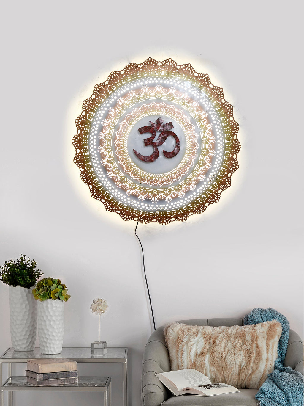 Golden and Red OM on Beautifully Carved Base Handcrafted Iron Wall Hanging with background LED's Kafalo