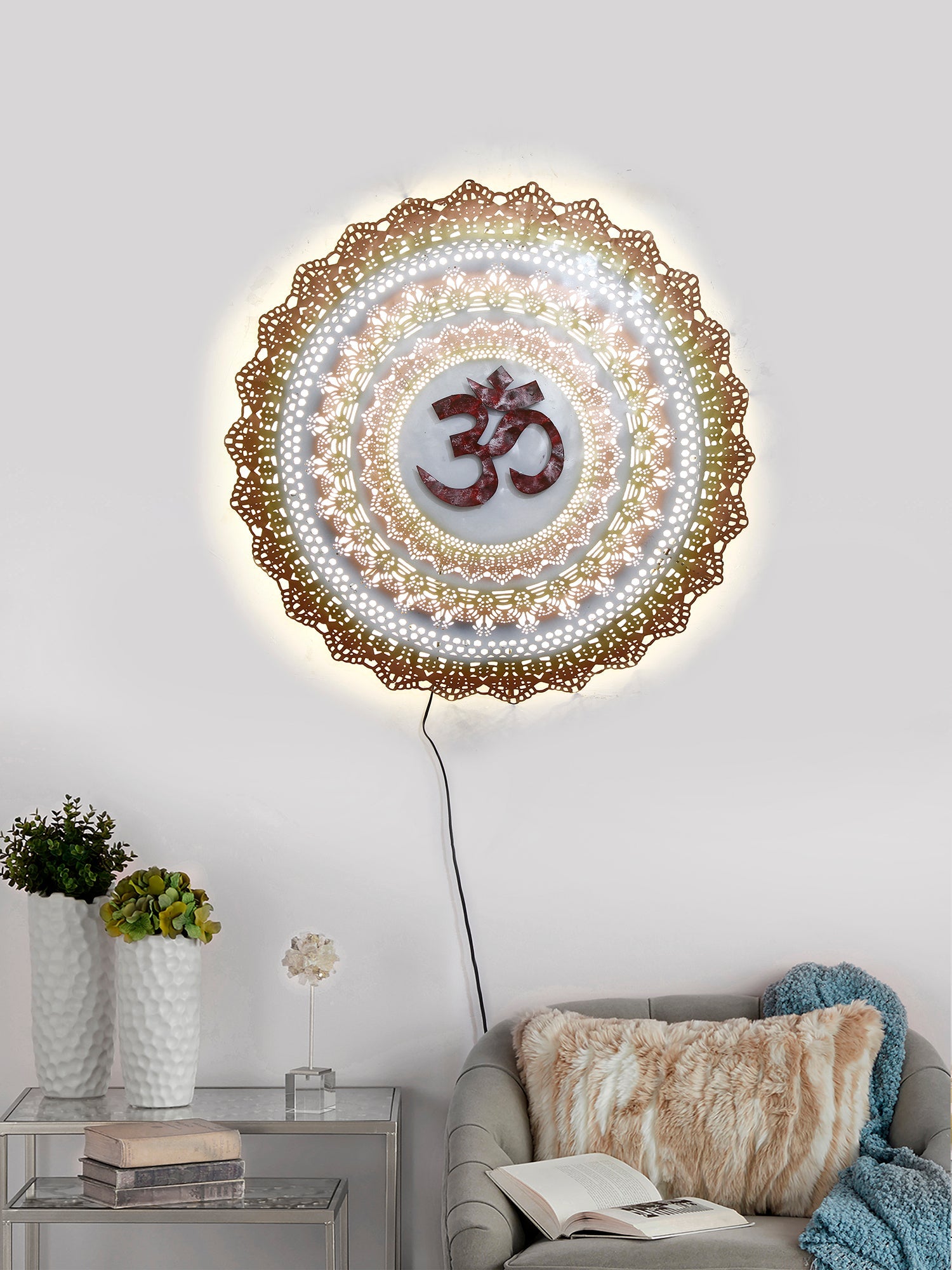 Golden and Red OM on Beautifully Carved Base Handcrafted Iron Wall Hanging with background LED's Kafalo