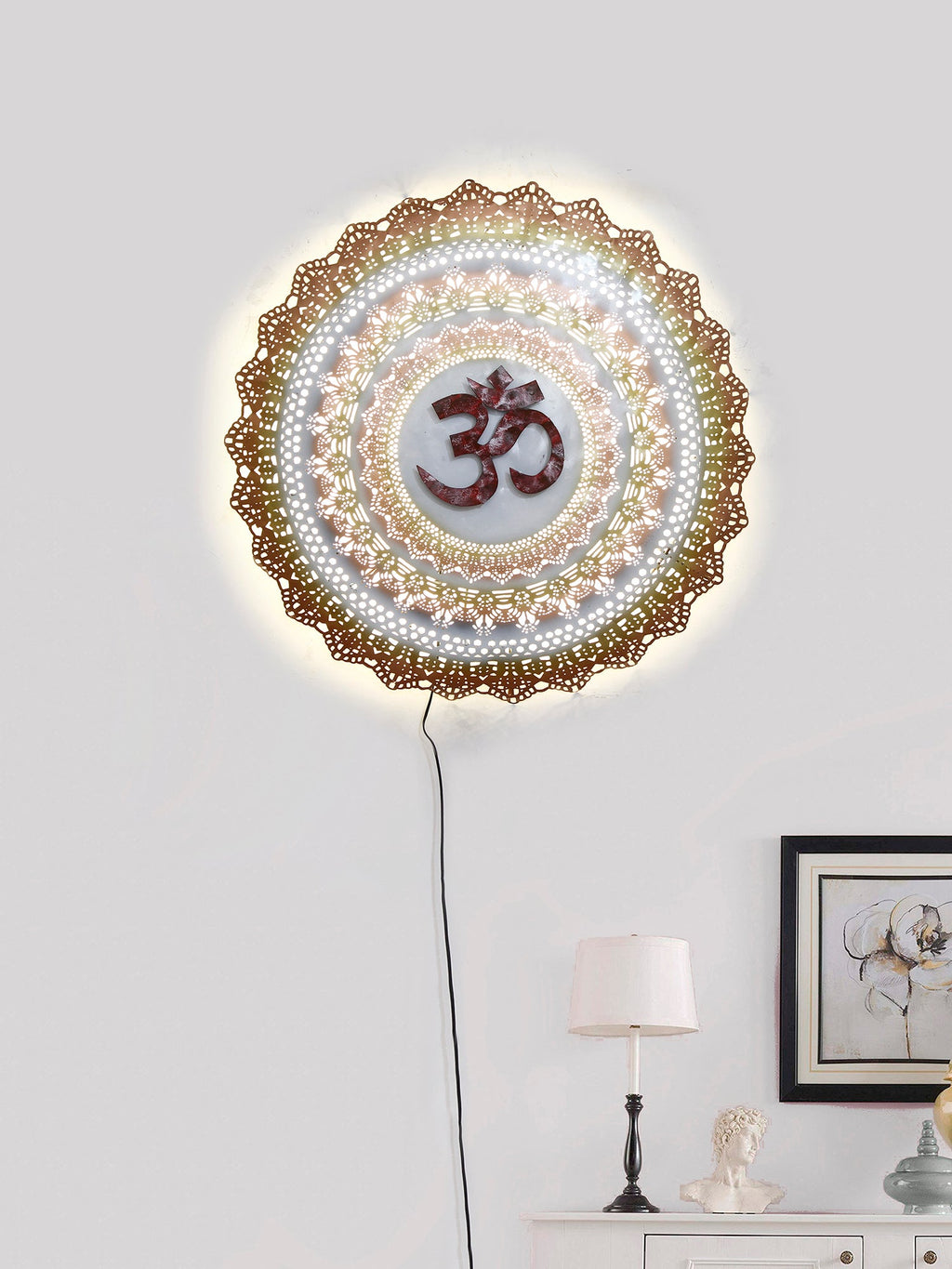 Golden and Red OM on Beautifully Carved Base Handcrafted Iron Wall Hanging with background LED's Kafalo