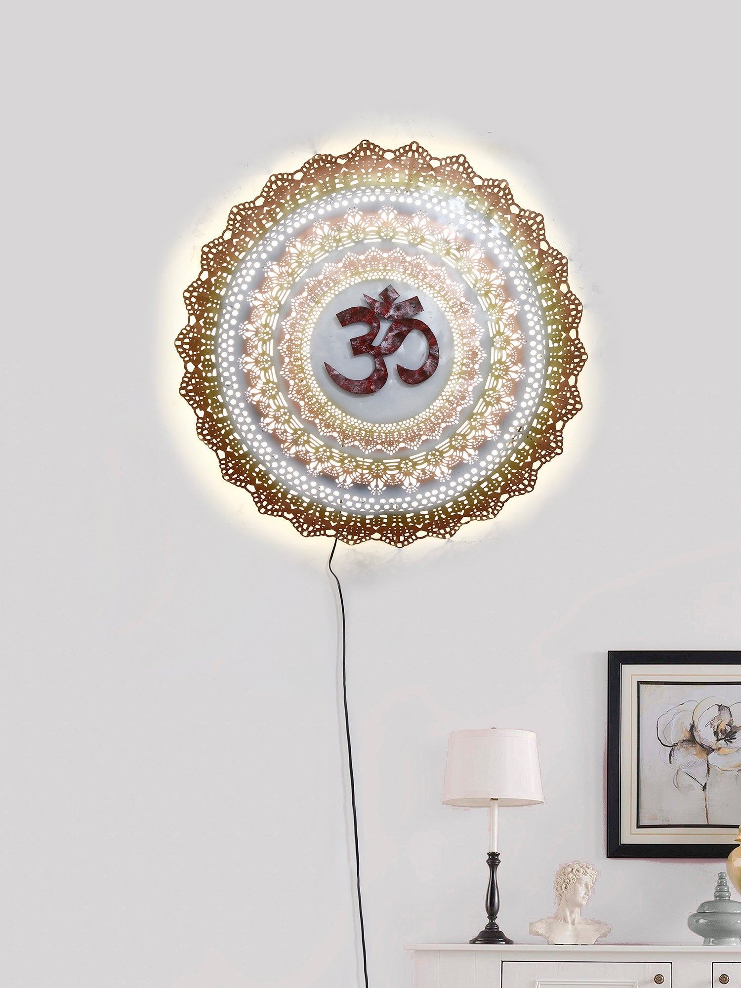 Golden and Red OM on Beautifully Carved Base Handcrafted Iron Wall Hanging with background LED's Kafalo
