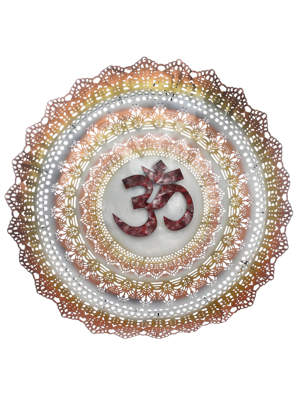 Golden and Red OM on Beautifully Carved Base Handcrafted Iron Wall Hanging with background LED's Kafalo