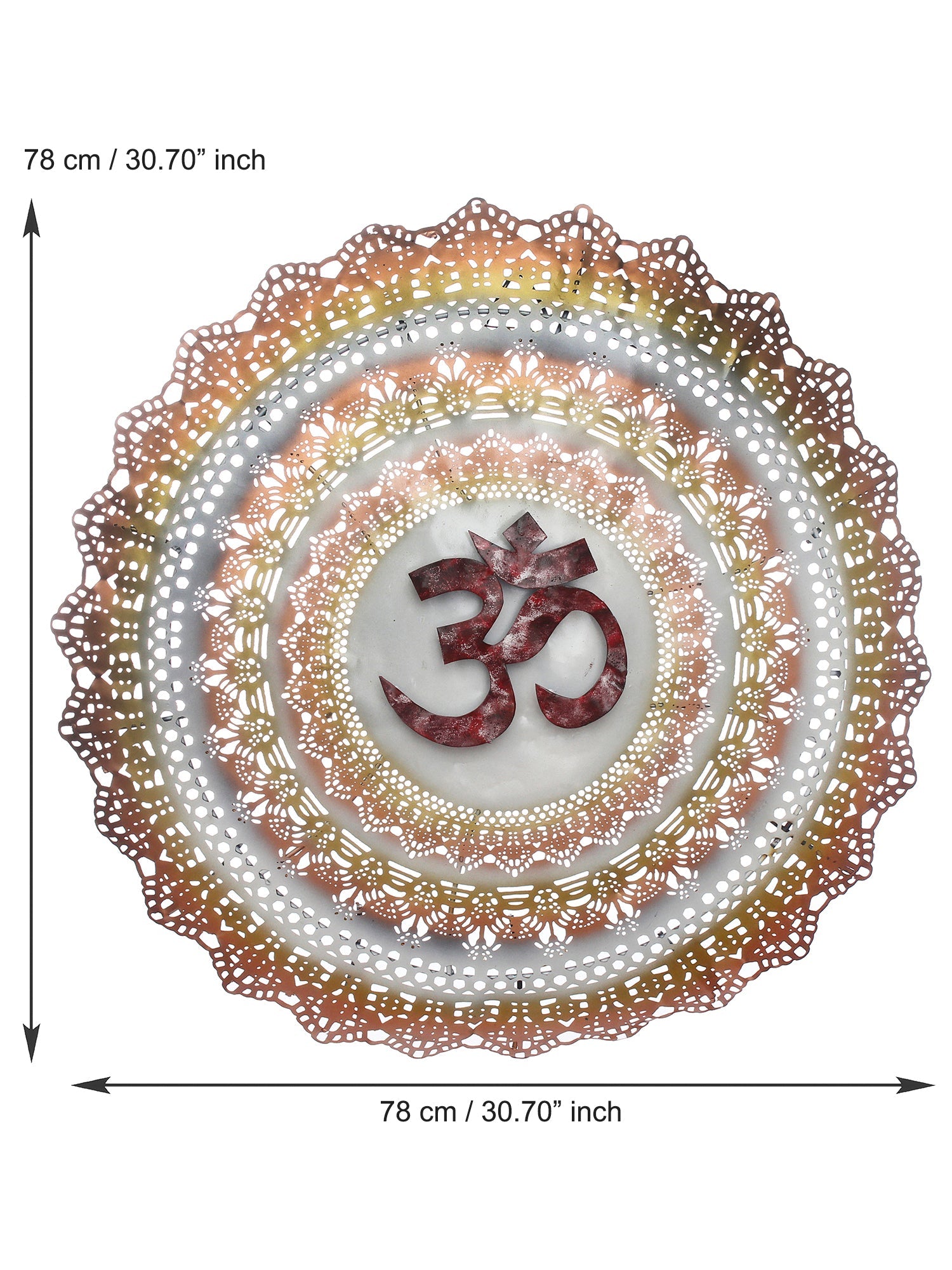 Golden and Red OM on Beautifully Carved Base Handcrafted Iron Wall Hanging with background LED's Kafalo