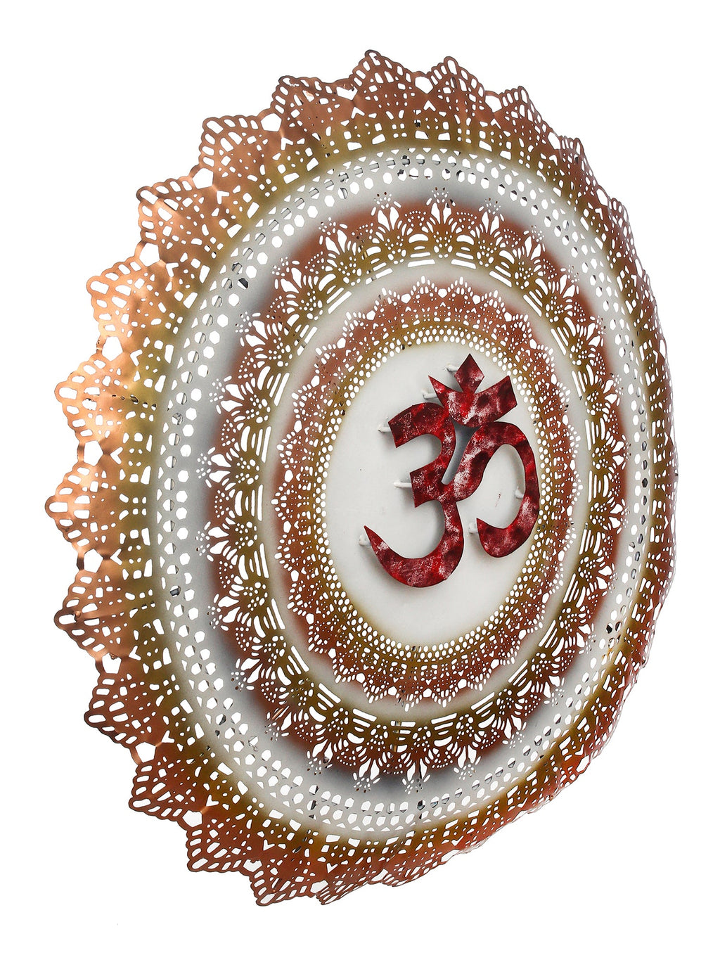 Golden and Red OM on Beautifully Carved Base Handcrafted Iron Wall Hanging with background LED's Kafalo