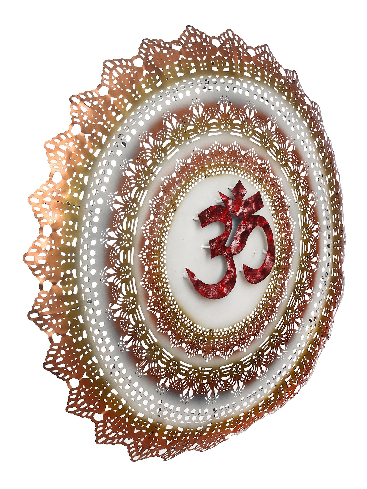 Golden and Red OM on Beautifully Carved Base Handcrafted Iron Wall Hanging with background LED's Kafalo