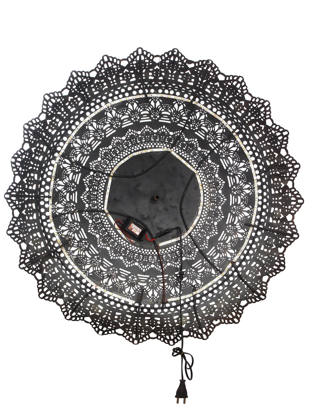 Golden and Red OM on Beautifully Carved Base Handcrafted Iron Wall Hanging with background LED's Kafalo