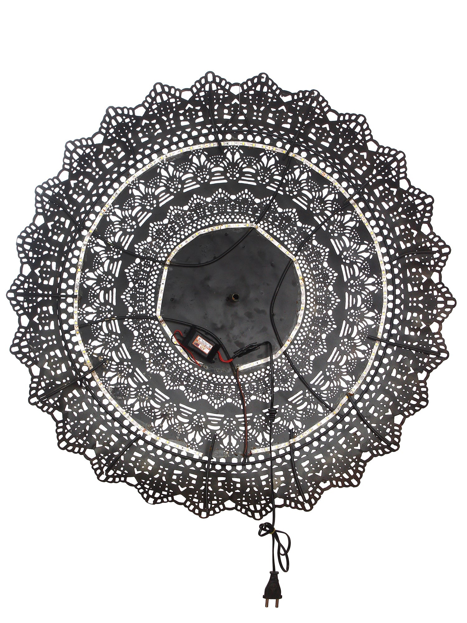 Golden and Red OM on Beautifully Carved Base Handcrafted Iron Wall Hanging with background LED's Kafalo