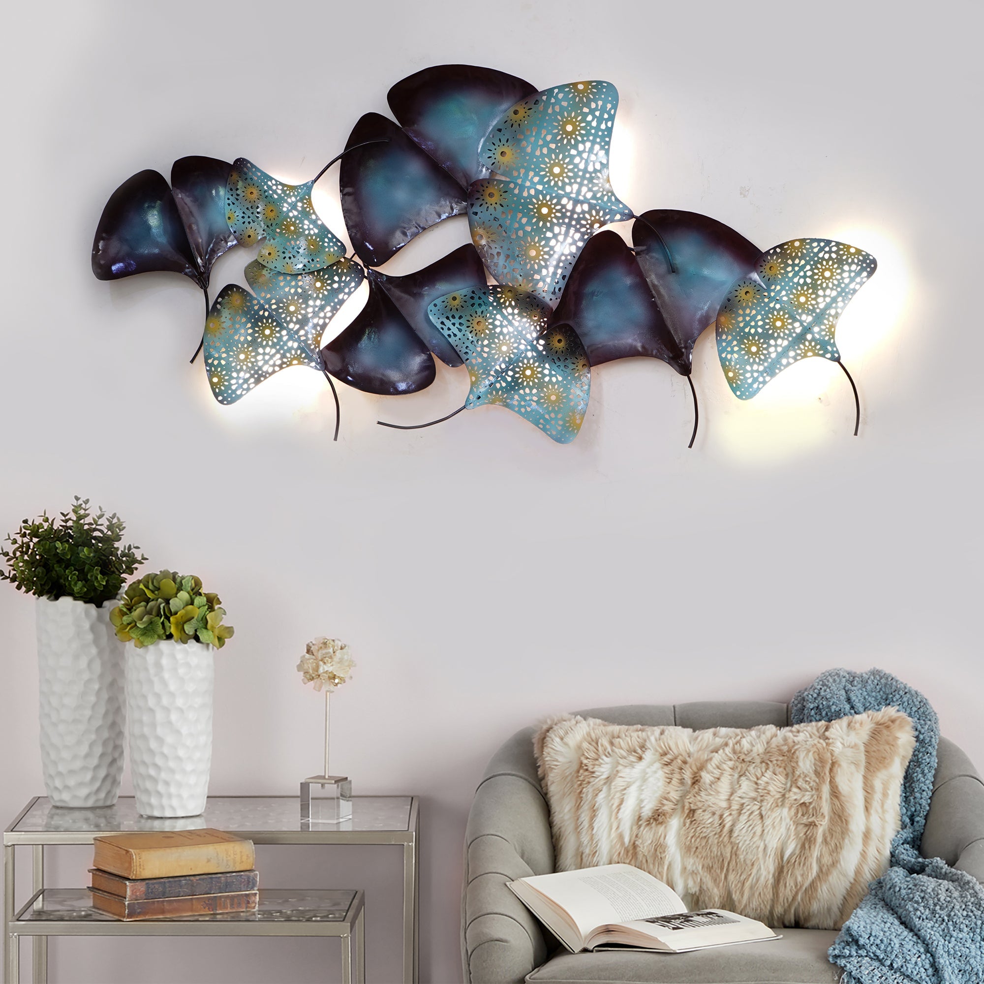 Abstract Colorful Leaves Collection Handcrafted Iron Wall Hanging with Background LED's Kafalo