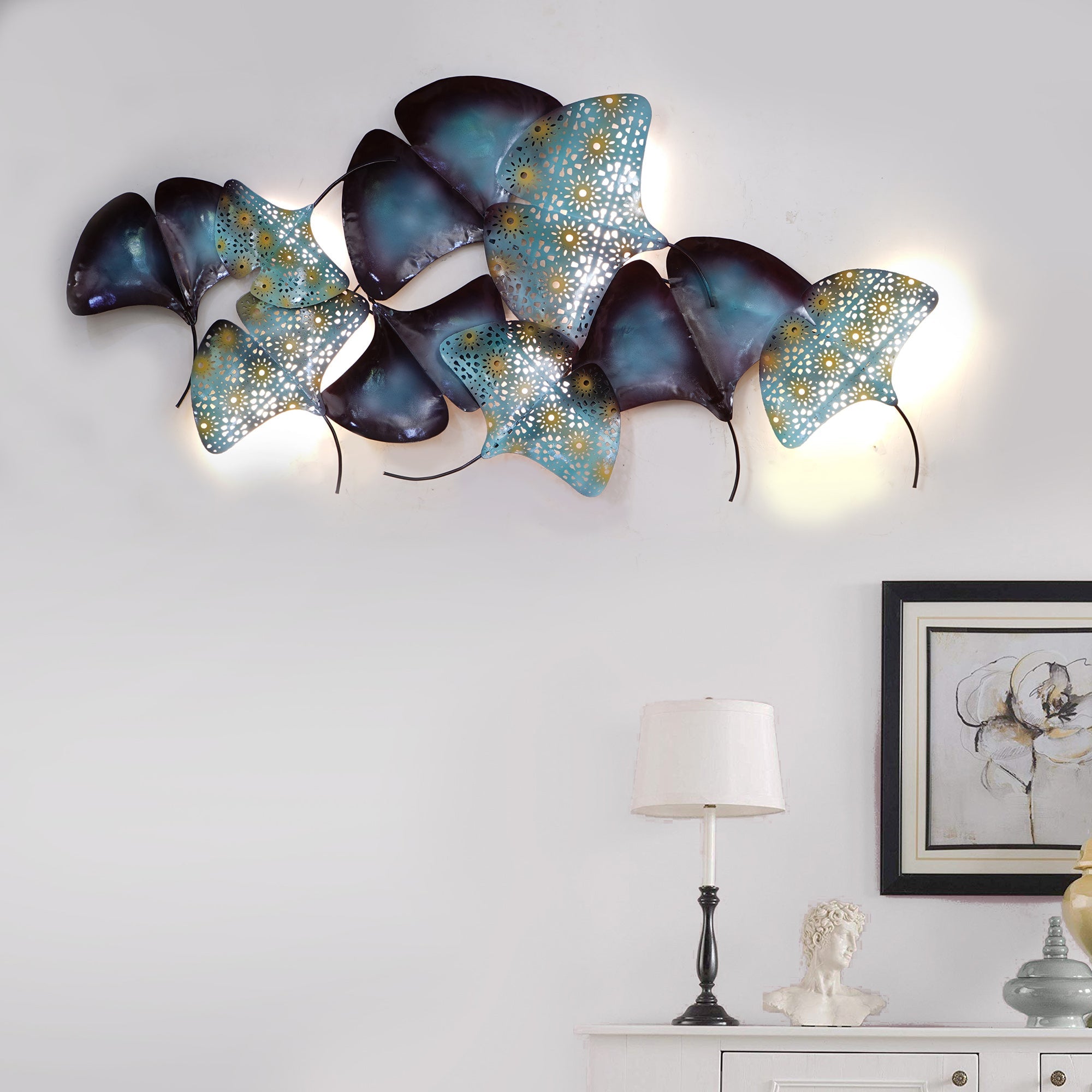 Abstract Colorful Leaves Collection Handcrafted Iron Wall Hanging with Background LED's Kafalo
