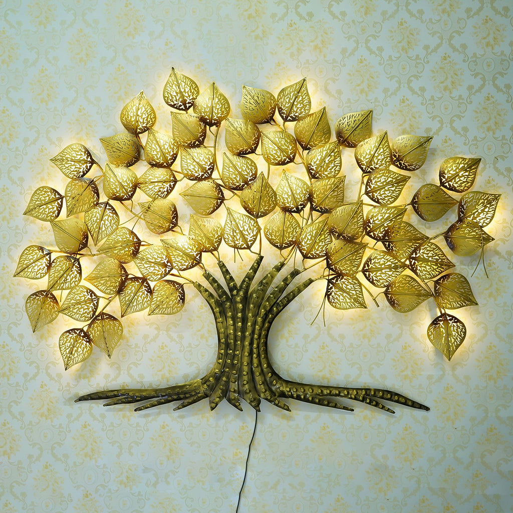 Brown and Golden Leaves Tree Iron Wall Hanging Decor with background LED's Kafalo