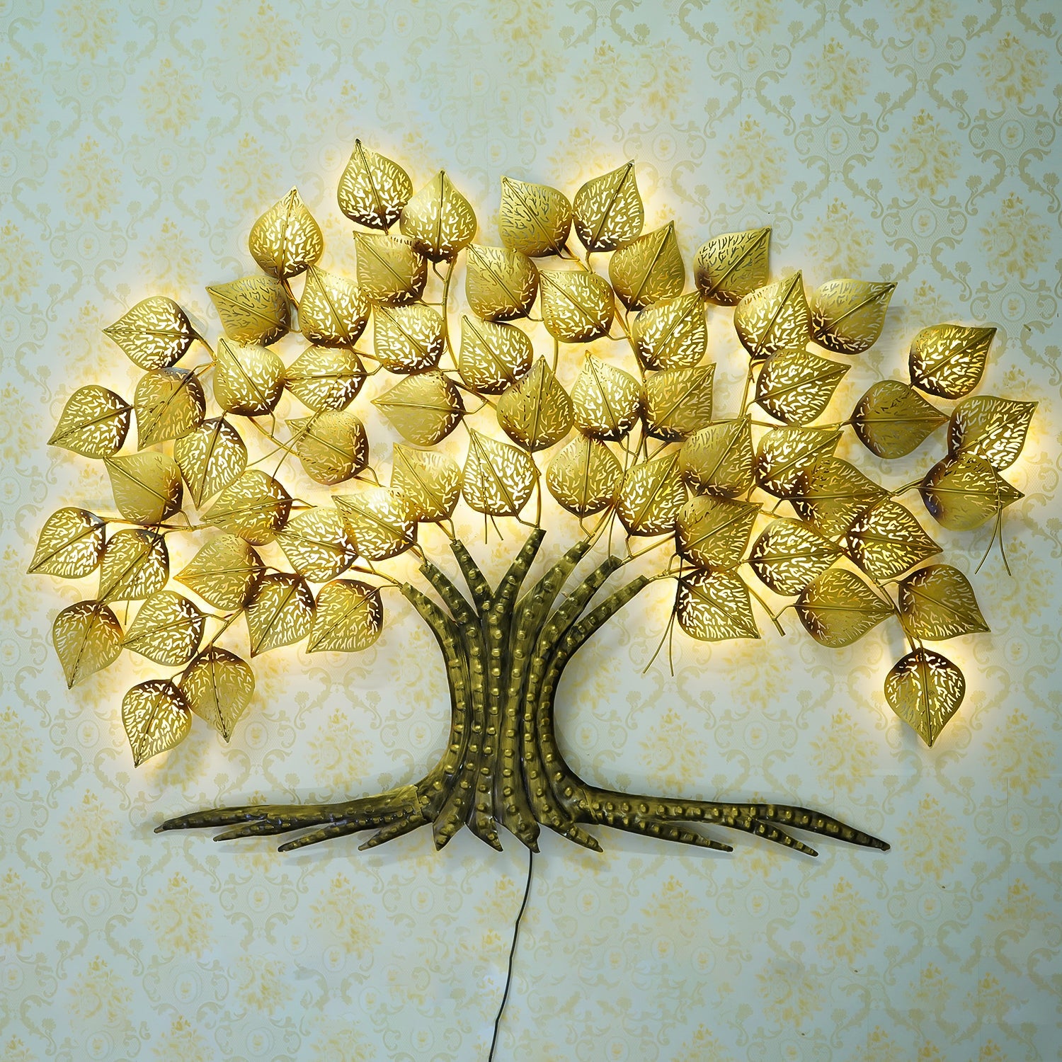 Brown and Golden Leaves Tree Iron Wall Hanging Decor with background LED's Kafalo