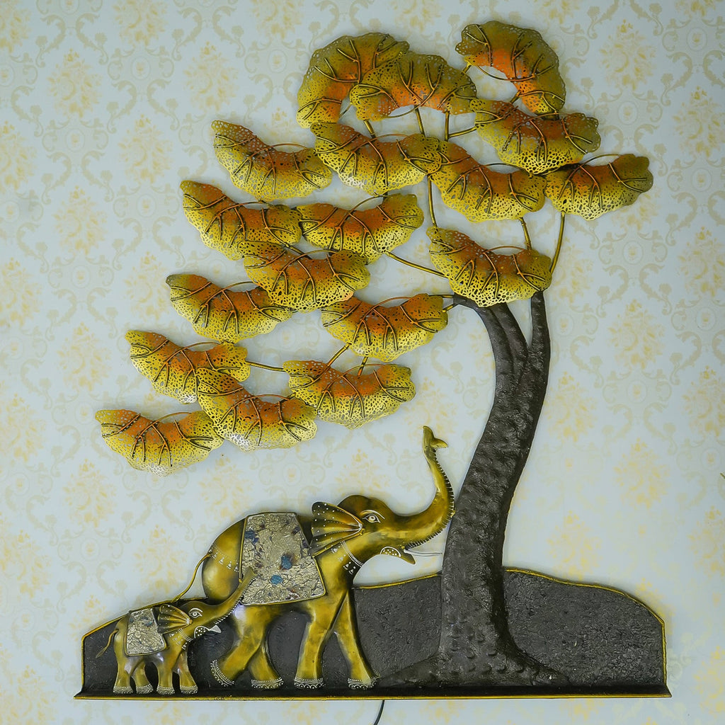 Black and Gold Elephant Family Under Leaves Tree Handcrafted Iron Wall Hanging/Art with background LED's Kafalo