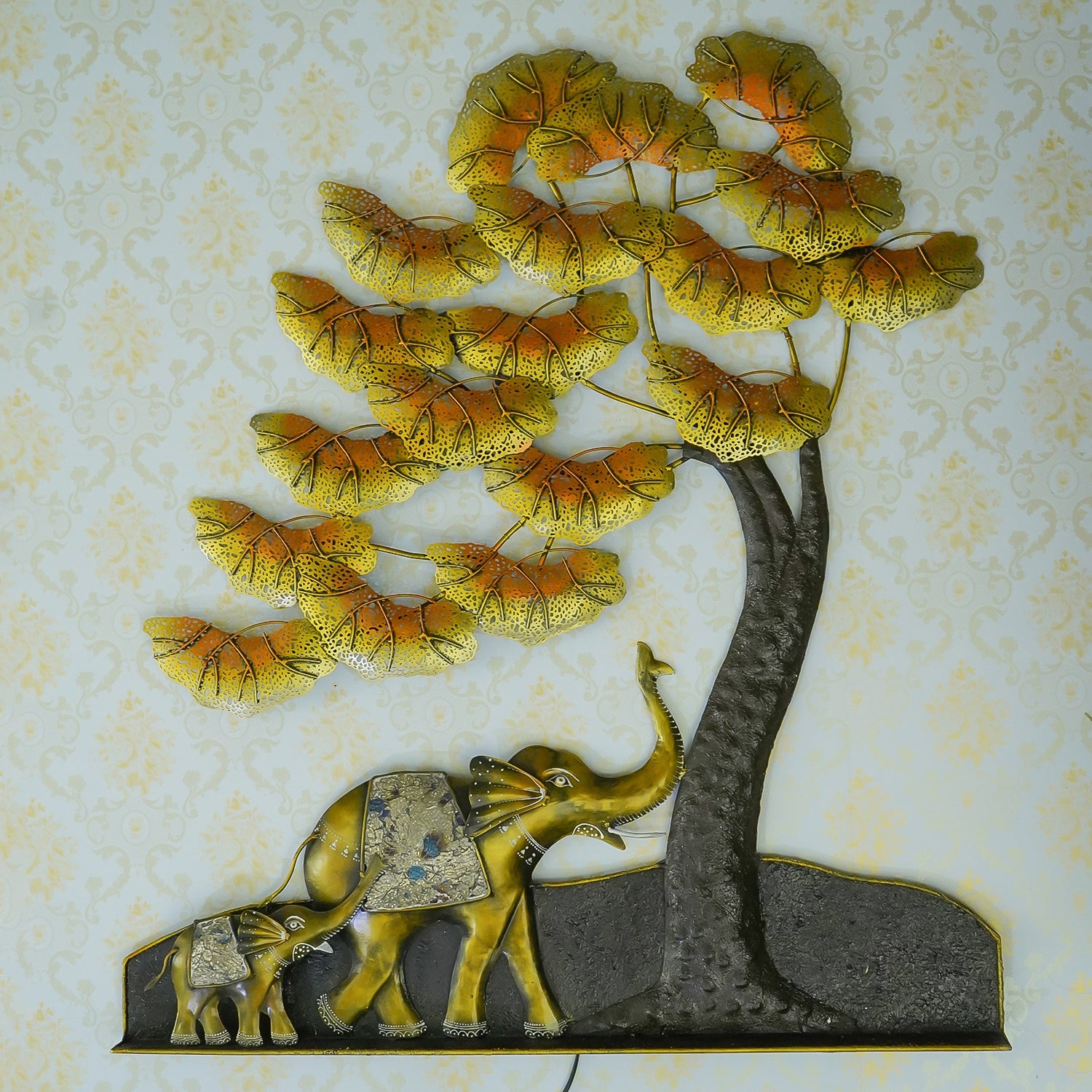 Black and Gold Elephant Family Under Leaves Tree Handcrafted Iron Wall Hanging/Art with background LED's Kafalo