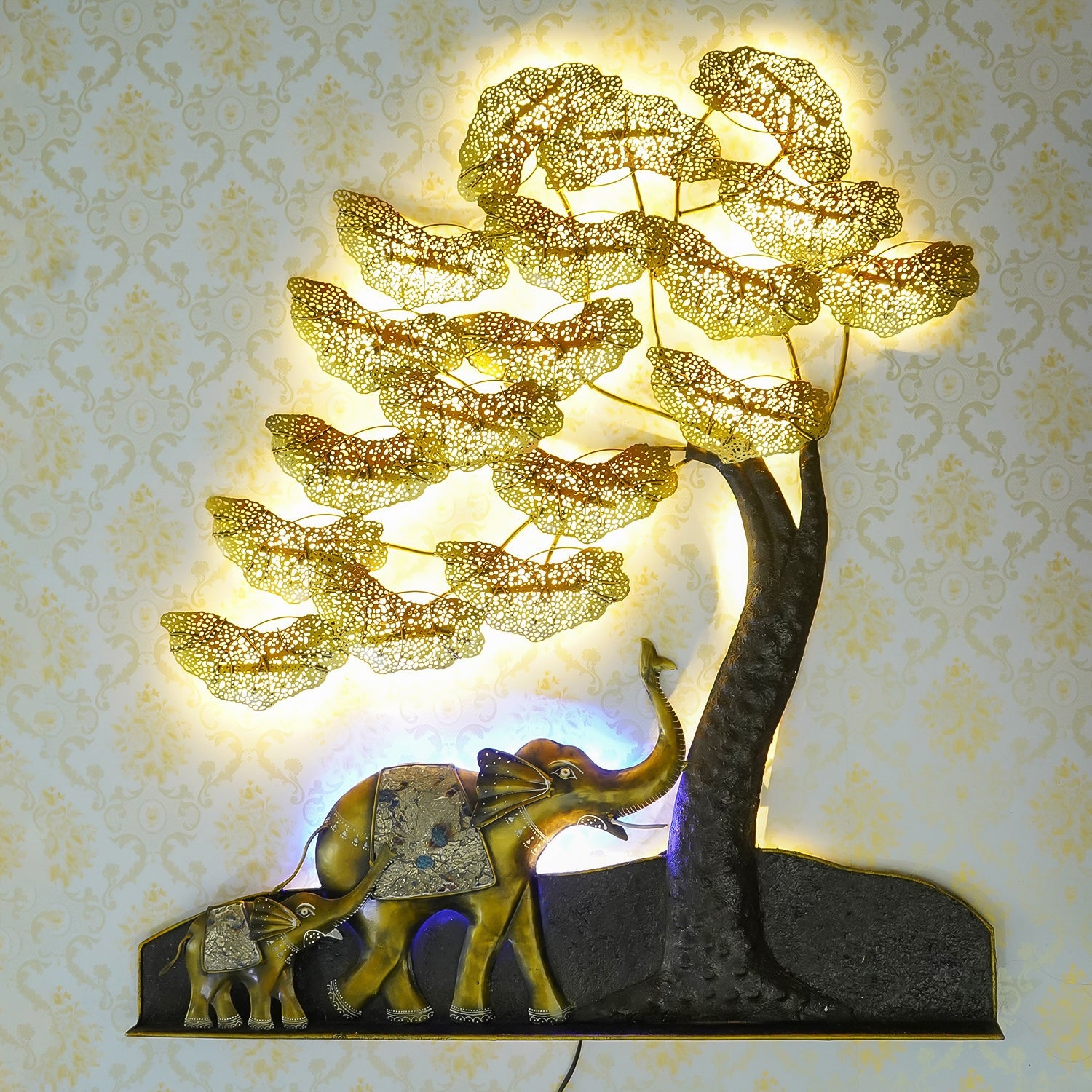 Black and Gold Elephant Family Under Leaves Tree Handcrafted Iron Wall Hanging/Art with background LED's Kafalo