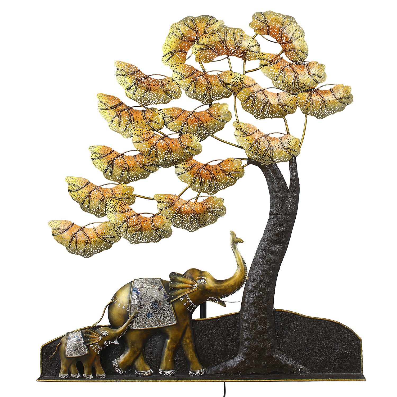 Black and Gold Elephant Family Under Leaves Tree Handcrafted Iron Wall Hanging/Art with background LED's Kafalo