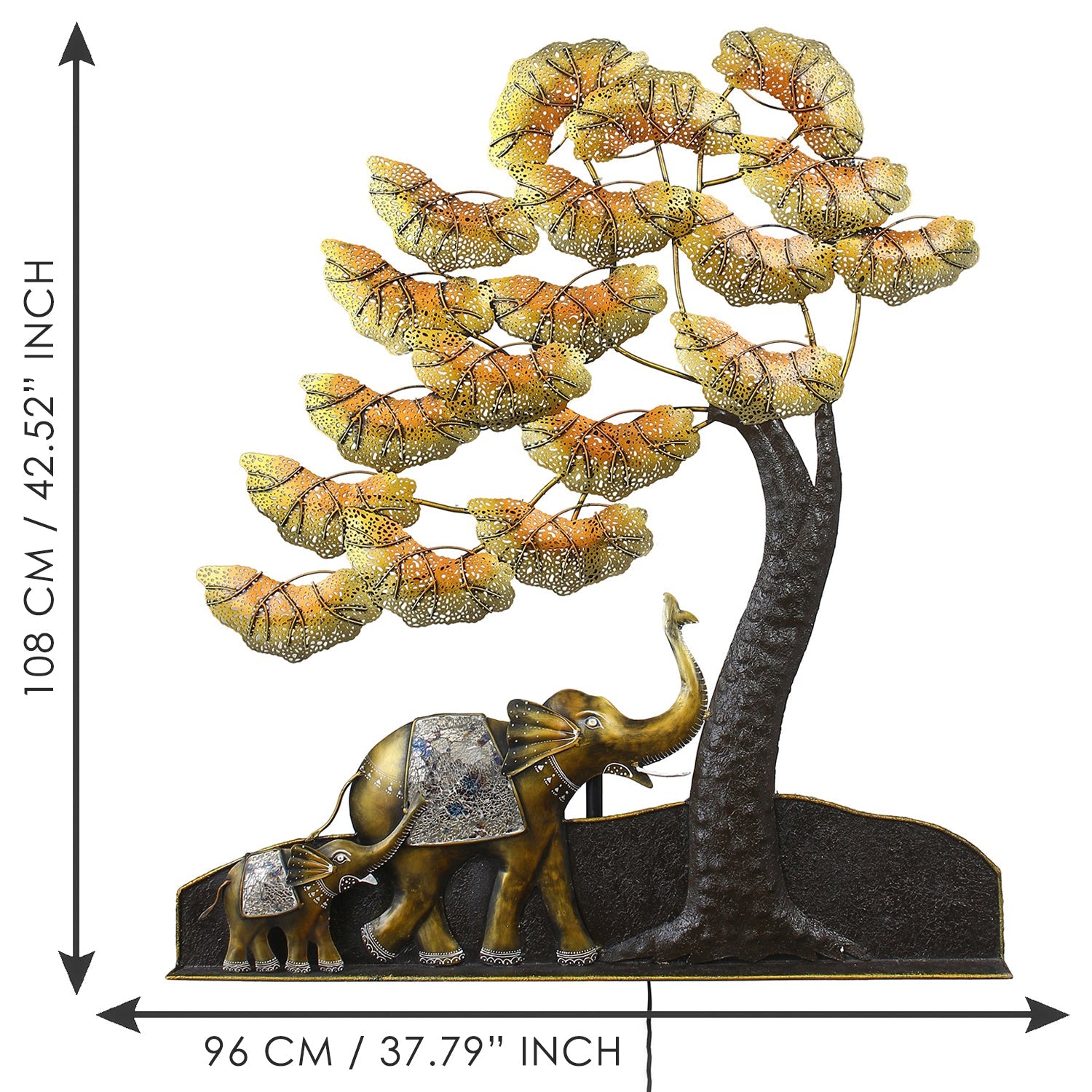 Black and Gold Elephant Family Under Leaves Tree Handcrafted Iron Wall Hanging/Art with background LED's Kafalo