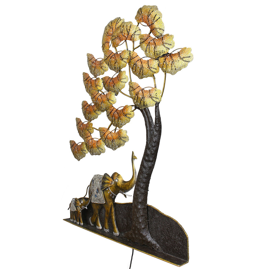 Black and Gold Elephant Family Under Leaves Tree Handcrafted Iron Wall Hanging/Art with background LED's Kafalo